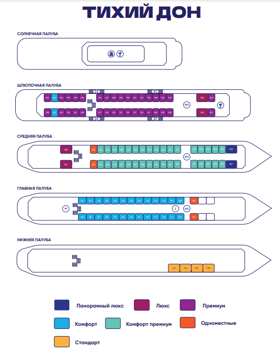 Прогулки на теплоходе ульяновск 2024 расписание. Тихий Дон теплоход 2024 схема кают. Схема теплохода тихий Дон. Схема палуб теплохода тихий Дон.